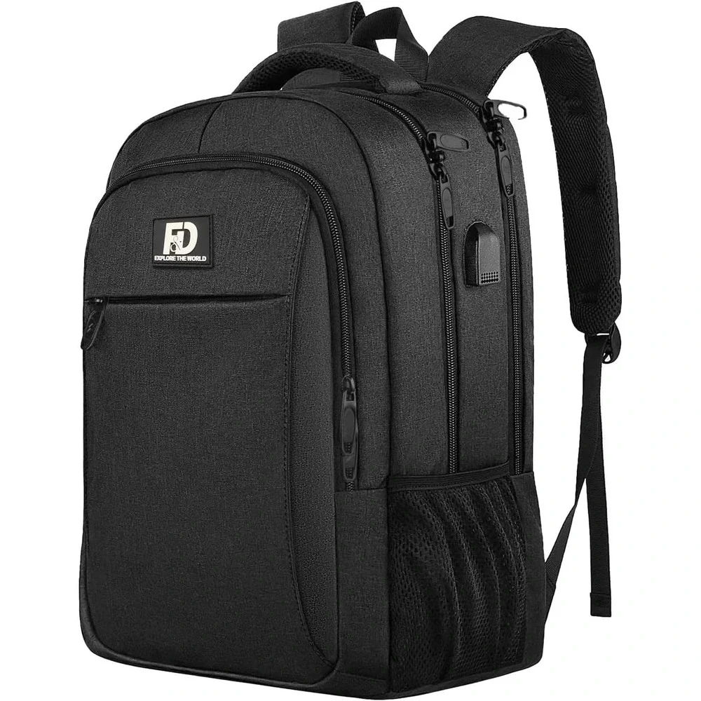 FD Explore The World Laptop Backpack Black Travel USB Charging Port 18 Inch Bag